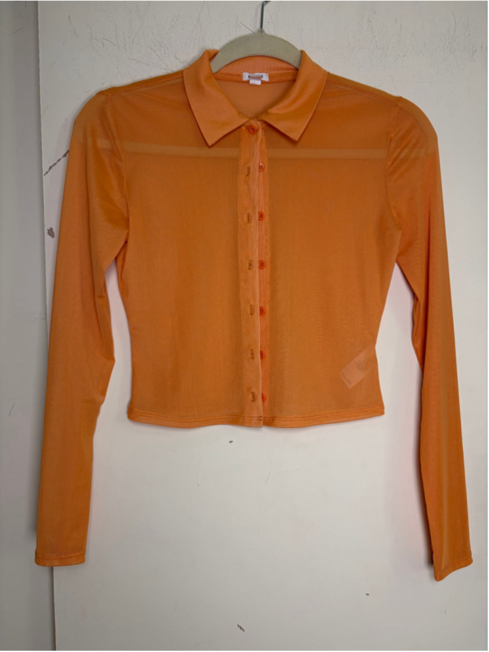 Garage Orange Sheer Mesh Button Up Shirt Long Sleeve Collared Crop Top Blouse XS
